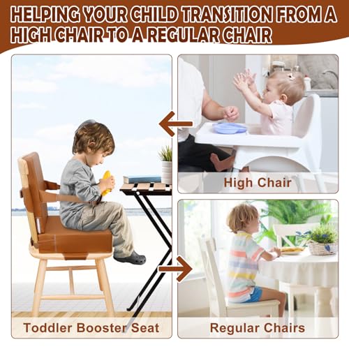 Image of Toddler Booster Seat for Dining Table Kitchen Chair, Waterproof Non-Slip with Backrest & Adjustable Straps, Portable PU Travel Baby Kids Booster Seat Cushion