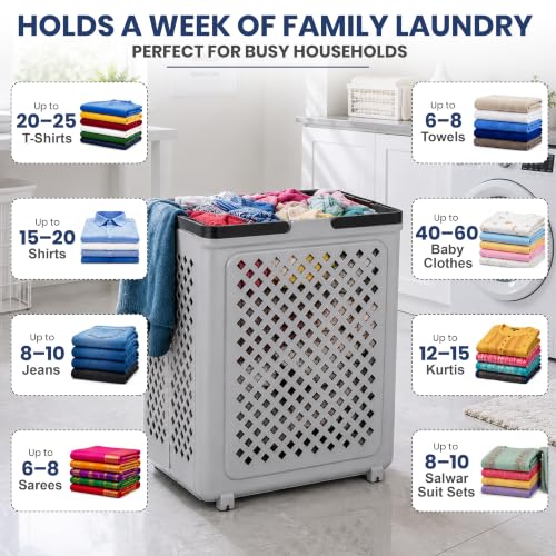 Image of JD FRESH Large 45 Liters Foldable Laundry Basket /Multipurpose Laundry Bag for Clothes with Wheels and Integrated Handles /Movable Plastic Clothes Basket /Laundry Bucket for Home & Laundry Room (Grey)