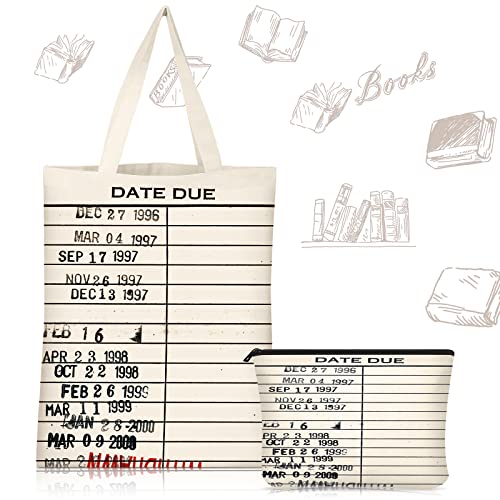 Coume 2 Pcs Library Due Date Tote Bag and Cosmetic Bag Book Lovers Gifts for Women Friends Librarian Book Club Reading Lovers
