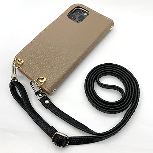 iPhone17 Pro Max アイフォン17プロマックス 対応 スマホショルダー 手帳型 スマホ ケース (くすみグレージュ×ブラック) くすみ ニュアンスカラー PUレザー シンプル おしゃれ かわいい ストラップホール カード収納 カバー フリップ