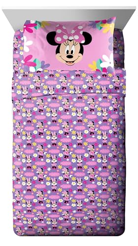 Image of Disney Minnie Mouse Twin Comforter Set 5 Piece Kids Cartoon Bedding, Pink | Bed in a Bag, Comforter Sheets Sham Pillowcase, Official Brand, Soft Microfiber, Machine Washable, Easy Care, Girls Gift