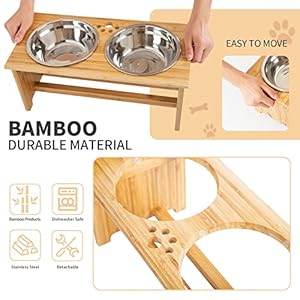 FOREYY Raised Pet bowls for Cats and Small Dogs, Bamboo Elevated Dog Cat Food and Water Bowls Stand Feeder with 2 Stainless Steel Bowls and Anti Slip Feet (4” Tall-20 oz bowl)