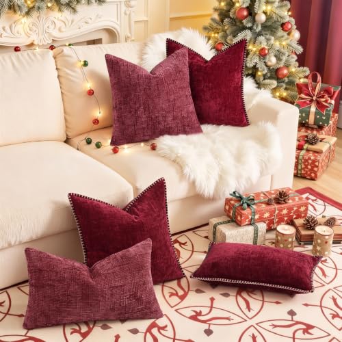 Image of decorUhome Soft Chenille Throw Pillow Covers 16x16 Set of 2 Wine Red