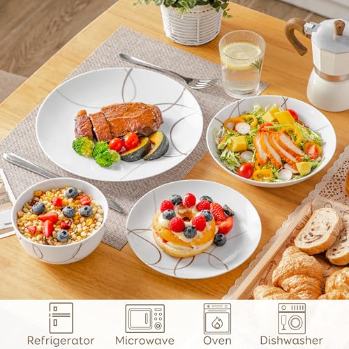 VEWEET-24-Pieces-Dinnerware-Sets-for-6-Porcelain-Plates-and-Bowls-Set-with-Brown-Lines-Classic-Dishes-Set-Dining-Ware-for-Dinner-Microwave-and-Dishwasher-Safe-Series-NIKITA VEWEET 24 Pieces Dinnerware Sets for 6 Porcelain Plates and Bowls Set with Brown Lines Classic Dishes Set Dining Ware for Dinner Microwave and Dishwasher Safe Series NIKITA