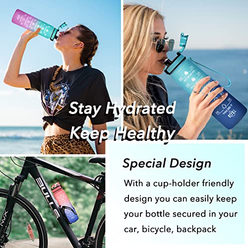Image of Enerbone 32 OZ Water Bottle, Leakproof BPA & Toxic Free, Motivational Water Bottle with Times to Drink and Straw, Fitness Sports Water Bottle with Strap for Office, Gym, Outdoor Sports, Green-Blue