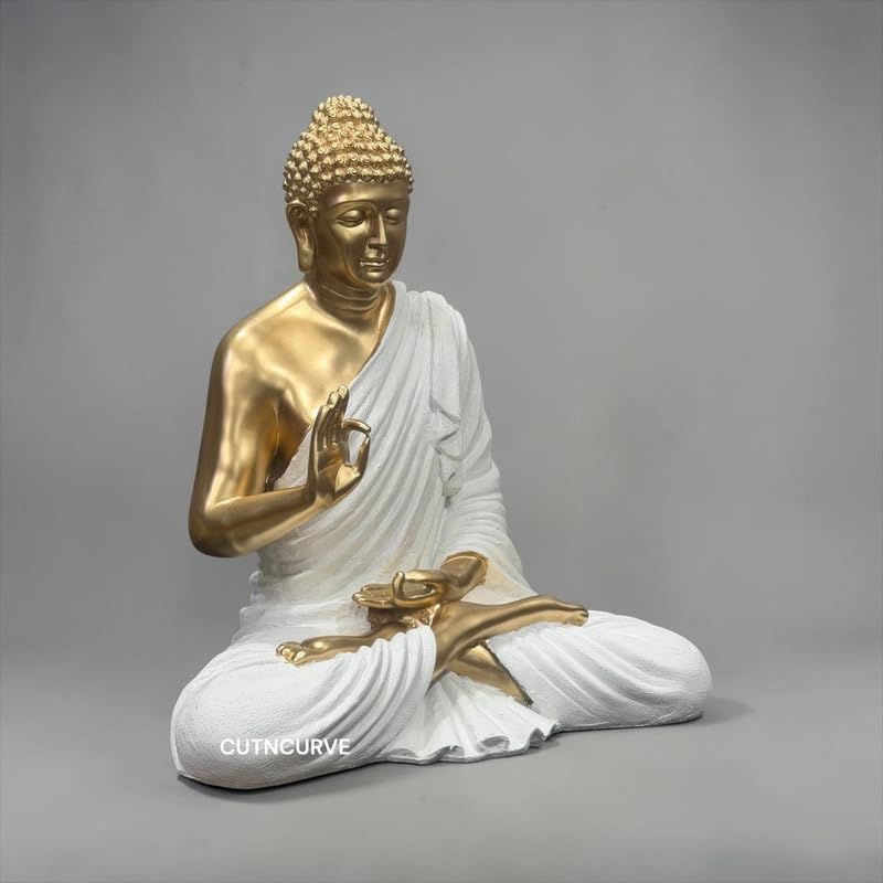 Image of 2 Feet Buddha Statue for Home Decor, Garden and Gifting, Big Size, Made of Resin, Premium Luxury Decoration Showpiece, Vastu Feng Shui for Good Luck, Happiness (Metallic White & Golden)
