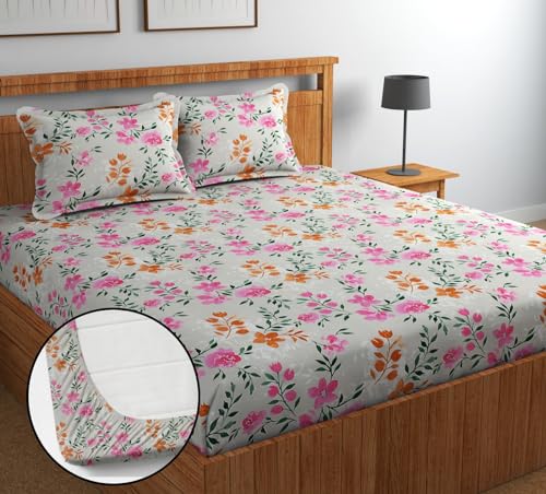 Image of Jashan Elastic King Size Fitted bedsheets with 2 Pillow Cover | King Size bedsheets | 100% Glace Cotton | Fitted bedsheet Cotton King 72 inch x 78 inch inches (Double Elastic Bedsheet, Multi-s04)