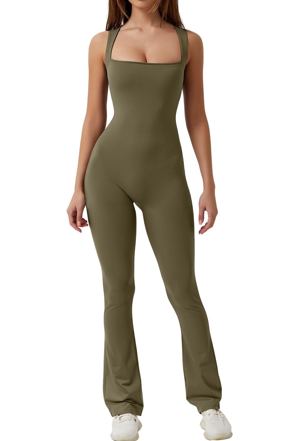 QINSENBlack Jumpsuit for Women Sleeveless Sexy Suqare Neck Stretch Flare Leggings Romper Unitard