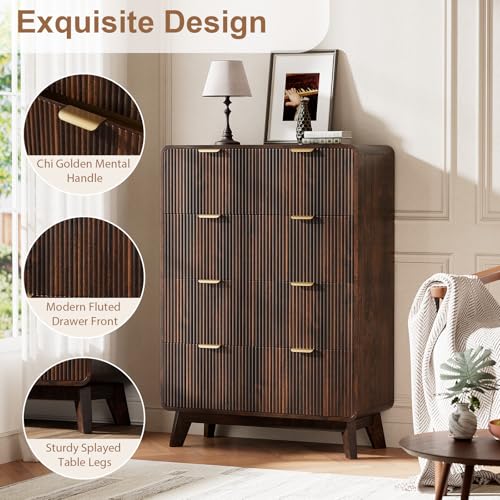 Image of QUW Fluted 5 Drawers Dresser for Bedroom, Modern 40.2 inch Tall Drawer Dressers with Metal Handle, Wooden Chest of Dresser for Living Room, Hallway, Solid Wood Legs, Curved Profile Design, Dark Walnut
