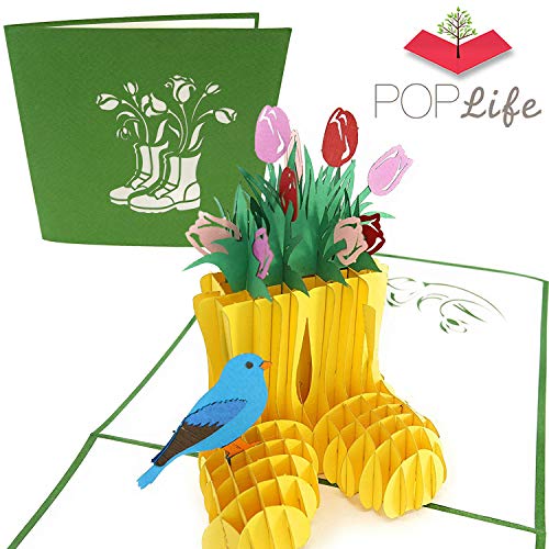 PopLife Cards Tulip flower & gardening boots tarjeta emergente del día de las madres para todas las ocasiones día de la madre, simpatía, feliz cumpleaños, obtener flores bien, boda, aniversario