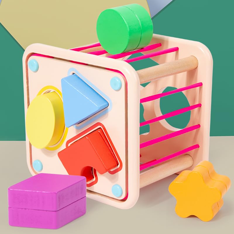 Image of Practical Life Wooden Geometric Shape Shaker Match & Post /Push & Pull Toys for Toddlers 3-6 Years Old Montessori Infant Baby Toys Girls & Boys Blocks Baby Birthday Gift (Color A)