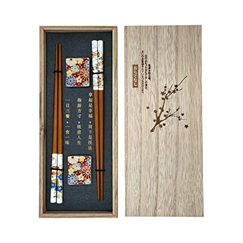 Sushi Essstäbchen Set Blume Flower 2 Paar inklusive Keramik-Unterleger in Premium Holzbox Nachhaltig Japanisch Chinesisch Koreanisch Taiwanesisch Cover