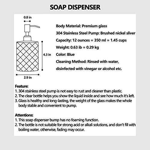 Easy-Tang Soap Dispenser for Kitchen, Bathroom - Refillable Wash Hand Liquid Clear Glass Bottle, Colored Jar with Stainless Steel Pump, Ideal for Dish Detergent, Essential Oil, Shampoo Lotion (Blue) - Thumbnail 2