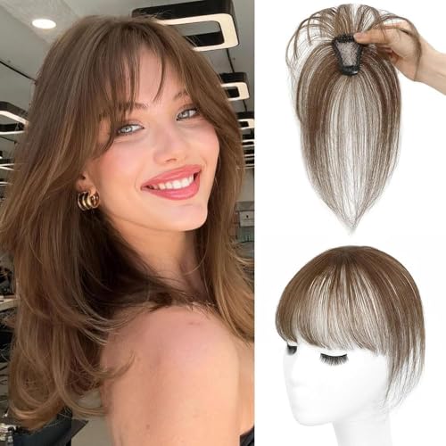 RPAEOY Extension Capelli Veri Clip 100% Frangia Natural Air Bangs Frontale Frangia Posticci Lavabile Tingibile per lo Styling Quotidiano Feste(Marrone)