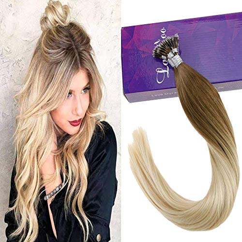 [Hot Sale]LaaVoo 14" Nano Tips Pre Bonded Remy Balayage Hair in Light Brown Fading to Light Blonde Keratin Nano Ring Salon Style Human Hair 1g/strand 50G (#8/59)