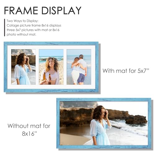 Image of DUENPY 8x16 Collage Picture Frame 5x7 Collage Picture Frame Displays Three 5x7 inch Photos or 8x16 (Without Mat) for Available Horizontal Wall Mounting Display and Vertical Blue