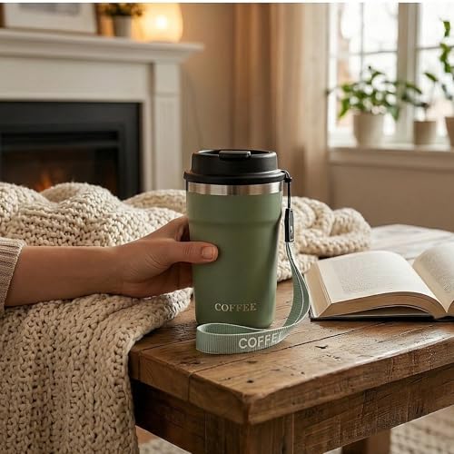 Image of Travel Coffee Tumbler with Lanyard - Insulated Stainless Steel Mug, Leak-Proof, Keeps Hot 6H & Cold 8H - Green, 400 ML