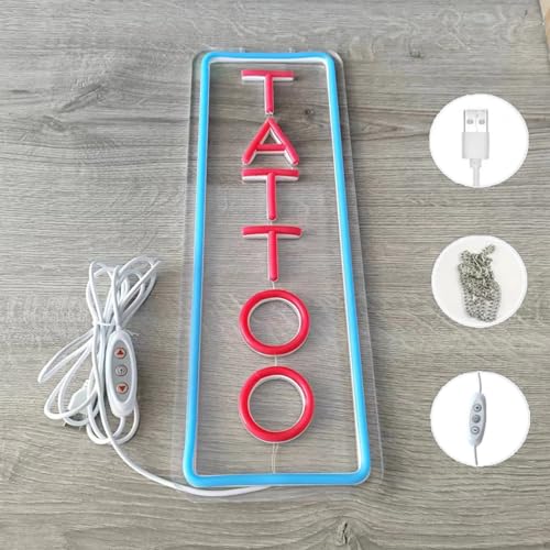 Image of Dimmable Tattoo Neon Sign,LED Reusable Neon Signs,Arylic Ice Blue Tattoo Shop Sign with Dimmer for Tattoo Salon, Studio, Shop Plaque,Tattoo Gifts for Friends,16x5.9in(Blue+Red)