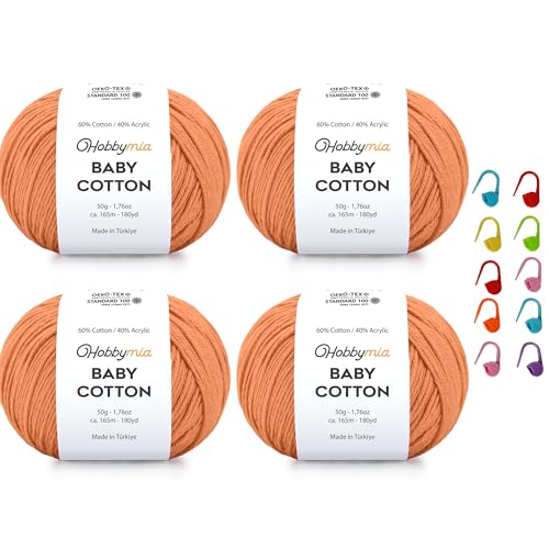 Image of Baby Cotton Blend Yarn - Soft Sport Weight Yarn for Crochet & Amigurumi - 50g /180yds - 60% Cotton 40% Acrylic - Ideal for Baby & Knitting Proj. & 10 Stitch Markers(Atomic Tangerine, 4 Balls)