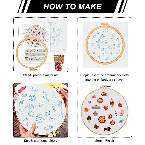 Image of Lukinbox 4 Pack Embroidery Kit for Beginners, Hand Cross Stitch Kits for Adults, DIY Fabric Embroidery Starter Kits with Fruit Flower Patterns, 2 Embroidery Hoops, Clothes, Threads and Needles