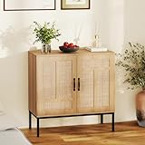 RELAX4LIFE Credenza Buffet con 2 Ante in Rattan, Ripiano Regolabile in 3 Posizioni, Gambe in Metallo, Kit Antiribaltamento, per Cucina Sala da Pranzo Soggiorno (NATURALE)