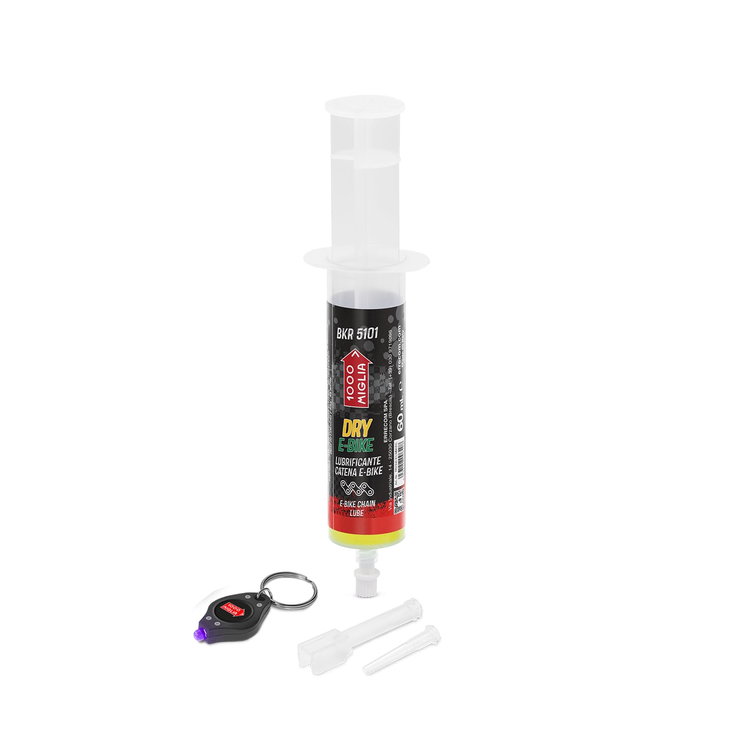 Errecom 1000 Miglia BKR 5101 E-BIKE DRY Lube Bike Chain for Electric Bikes - 60 ml, Dry Weather Conditions, Cartridge with Drop and Huggie Application Systems, fluorescent and scented formula