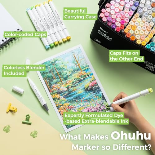 Image of Ohuhu Alcohol Markers Brush Tip: 168-Color Double Tipped Art Marker Set for Artist Adults Coloring Illustrations -Honolulu B -Brush & Fine -Refillable