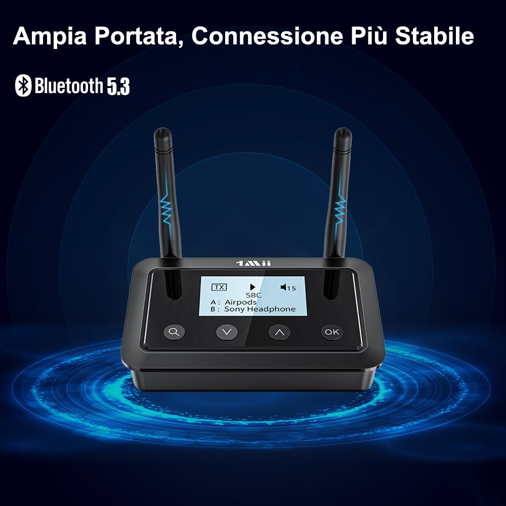 1Mii B03+ Trasmettitore Ricevitore Bluetooth per TV Stereo, Adattatore Bluetooth 5.3 Lungo Raggio per Audio TV con Schermo, aptX Low Latency & HD & Adaptive, Ottico RCA AUX 3,5mm Ingressi/Uscite