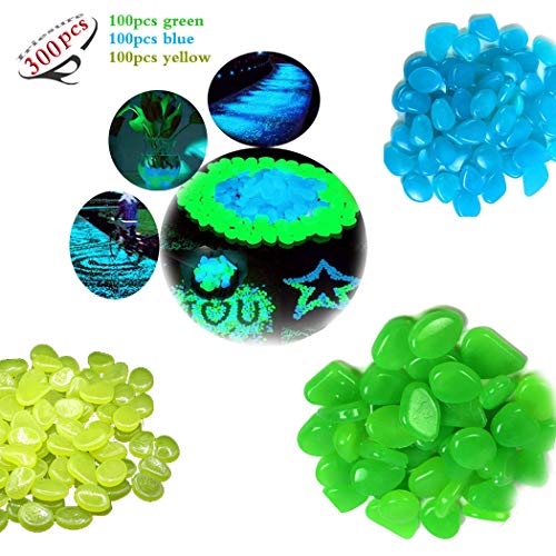 Iriesure Glow Stones, 300PCS Luminous Stones Glow in the Dark, Glow Pebble for Garden Walkway and Decor, Perfect Decor for Fish Tank and Vase - (100PCS Green, 100PCS Blue and 100PCS Yellow)
