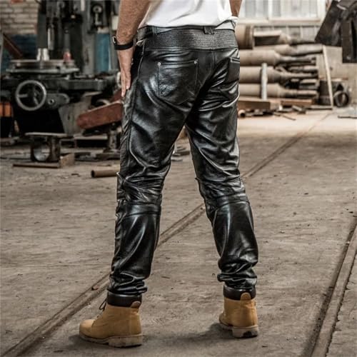 Men's Cargo Style Windproof Cow Leather Moto Biker Straight Pants Genuine Leather Long Trousers3
