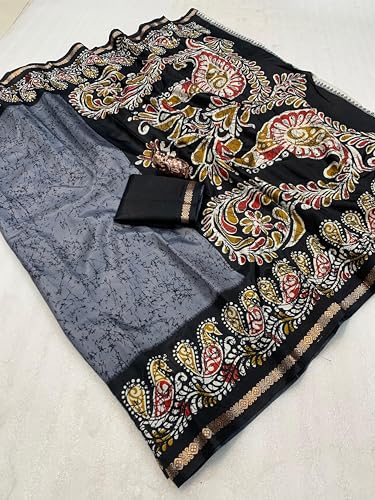 Image of Kashmiri Print Tussar Silk Saree for Women with Unstitched Blouse Piece for All Occasions