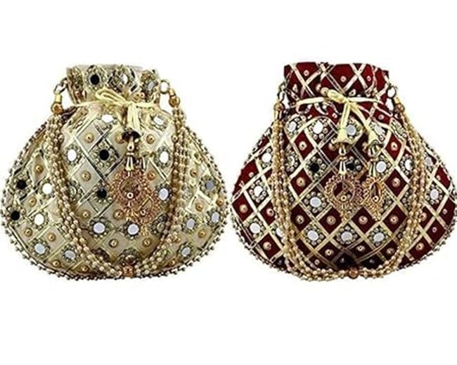 Designer White Gold Maroon Combo Matka Potli Handbag for Women-image-8