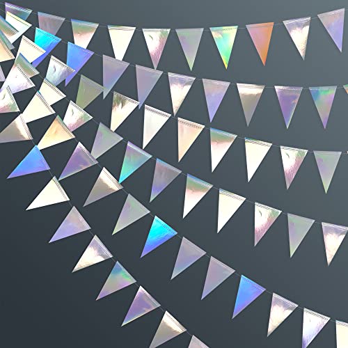 Image of 40Ft Iridescent Party Decorations Holographic Hanging Triangle Pennant Banner Flag Bunting Garland for Graduation Birthday Anniversary Engagement Wedding Bridal Shower Disco Hen Party Supplies