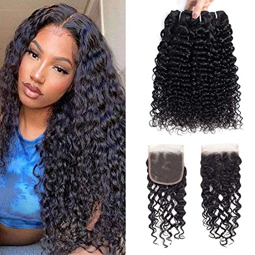 RQY Brazilian Water Wave with Closure (12 14 16+12) 9A Brazilian Wet and Wavy Human Hair Bundles with Lace Closure Free Part Brazilian Water Curly Hair with Closure