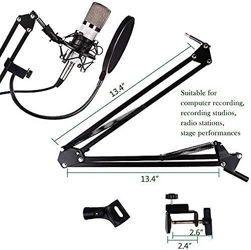Image of ZHIZUKA BM800 Condenser Microphone Adjustable Boom Arm+Shock Mount+ Pop Filter. Recording, Podcast, Streaming, Voice Overs, Singing, YouTube. Mobile,PC,MAC,PS4(Need Phantom Power /Sound Card) (Silver)