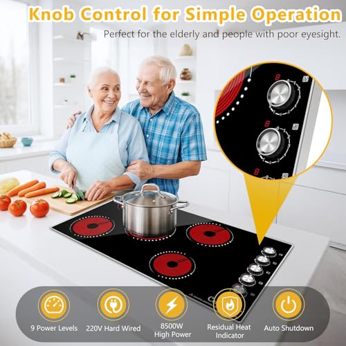 Image of 36 Inch Electric Cooktop, 5 Burner Built-In Ceramic Glass Cooktop with Knob Control, 9 Power Levels, Expandable Burner, 8500W, 220-240V Hardwired, Works with All Cookware