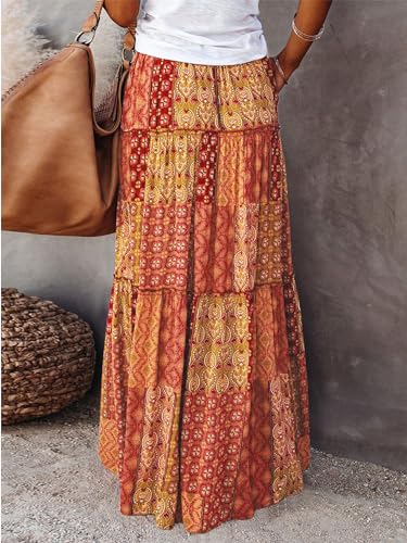 Women's Bohemian Skirts Vintage Elastic High Waist A-Line Skirts Tiered Long Skirts with Pockets Beachwear Skirt2