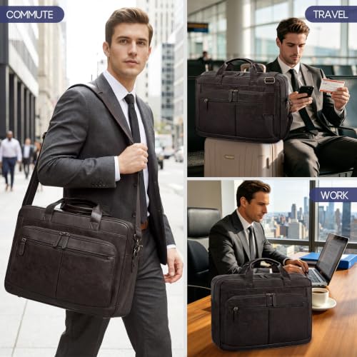 Image of RAINSMORE Messenger Bag For Men 16 Inch Laptop Bag Waterproof PU Leather Briefcase Large Capacity Vintage Satchel Computer for Office Work Business Travel, Coffee