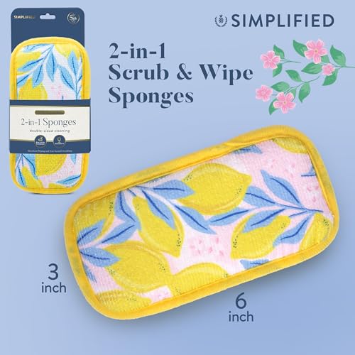 Image of Simplified 5-Pack Scrub & Wipe 2-in-1 Dishwashing Sponges - Non-Abrasive Cleaning Sponges, Double-Sided - Safe for Dishes, Non-Stick Pans or Glassware, Absorbent Dish Sponges, Yellow Leaves