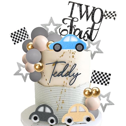 27 PCS Two Fast Cake Toppers Race Car 2nd Birthday Cake Decorations for Racing Car Checkered Flag Birthday Anniversary Party Decorations Supplies (01)