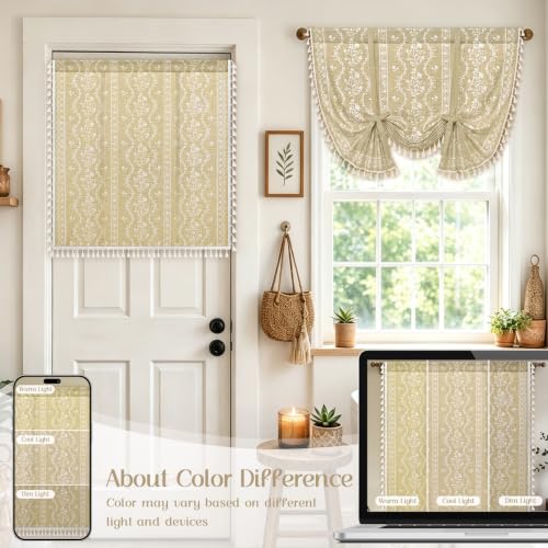 Image of Yinhua Boho Tie Up Curtains for Windows Vintage Linen Valance Light Filtering Floral Valance Rod Pocket Rustic Adjustable Tassel Window Valances for Bathroom, 42 inch W X 45 inch L, Natural