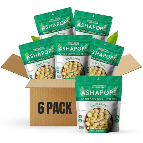 AshaPops Vegan Cheese Flavored Popped Water Lily Seeds, 1 oz (Pack of 6) - Gluten-Free, Vegan, Paleo, Nut-Free, Corn-Free, Soy-Free, Non-GMO, Delicious Plant-Based Crunchy Snack