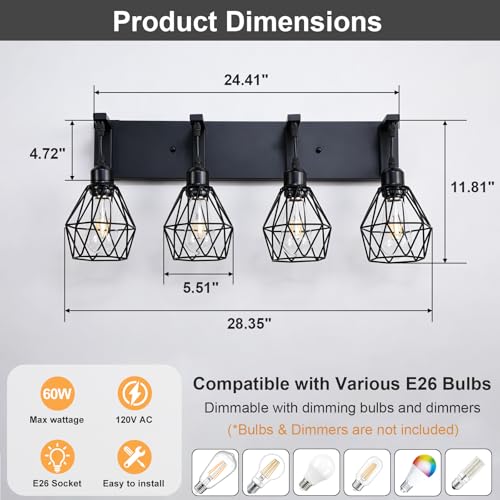 Image of Somniferous 4 Light Bathroom Vanity Light, Farmhouse Bathroom Light Fixtures Over Mirror, Black Vanity Light with Caged Metal Shade, Rustic Wall Light Fixture for Bedroom, Living Room, E26 Socket