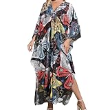 Woxscury Kaftan for Women V-Neck Batwing Sleeves Swimsuit Beach Cover Ups Butterfly Print Caftan Hawaiian Dress