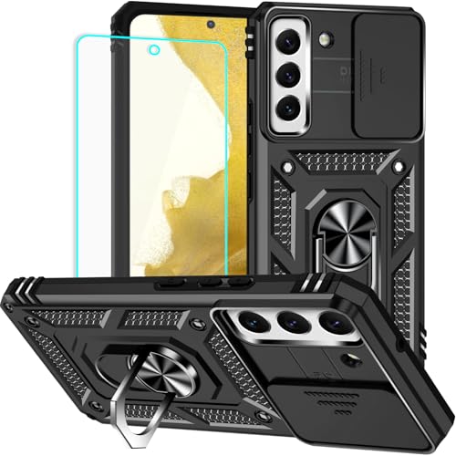 for Samsung S22 Case with Screen Protector: [Military Grade 20ft. Drop Tested] Slide Camera Cover Ring Shockproof Protective Phone Case for - Samsung Galaxy S22 (Black)