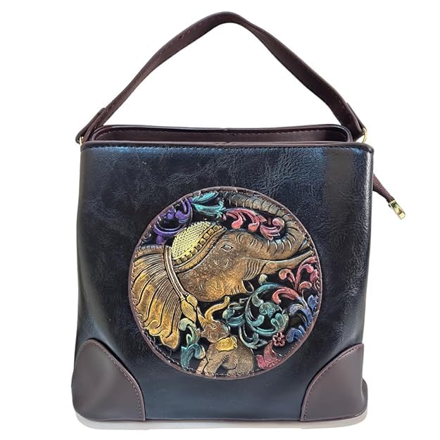 Bharti Collection Handcrafted Elephant Embossed Convertible Handbag, Brown and Black, Cotton Blend Leather Finish, Zipper Closure, Shoulder and Crossbody Bag