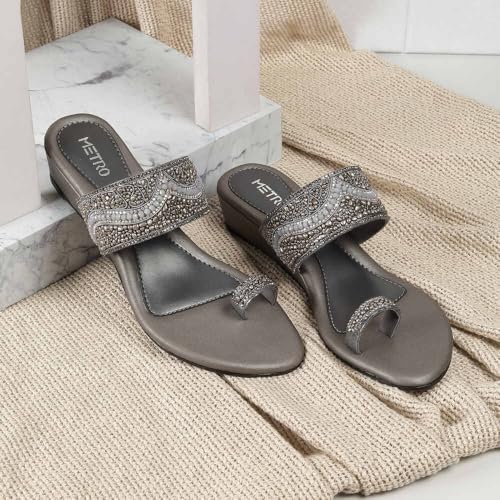 Image of Metro Women Synthetic Embellished Ethnic Wedge Party Sandal