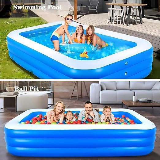 Jukusa 10 Feet Swimming Pool, Duck Family & Inflatable Beachball for Family Kids Adult 3 Stripped Inflatable Bath Tubs Swimming Bath Tub with Electric Pump 120x 72"x 22" Inch, 4 X Duck 1