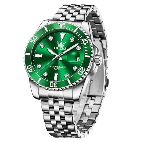 OLEVS Mens Silver Watch Green Face Dress Watches for Men Classic Easy to Read Large Wrist Men's Analog Quartz Watch with Stainless Steel Bracelet Cheap Luminous Waterproof Sports Watches for Men