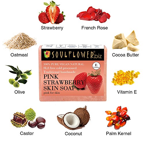 Image of Soulflower Strawberry Skin Soap - Handmade, 100% Pure, Natural & Cold processed Grade 1 BIS Standard Premium & Luxurious Soap with Essential Oils, Exotic Herbs & Aroma, 150g